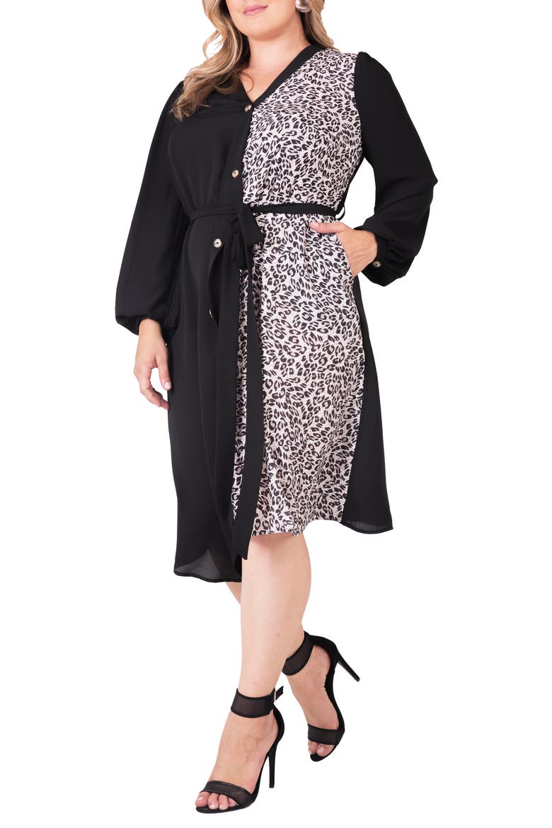 Asymmetrical Long Sleeve Shirtdress, Alternate, color, BLACKBROWN