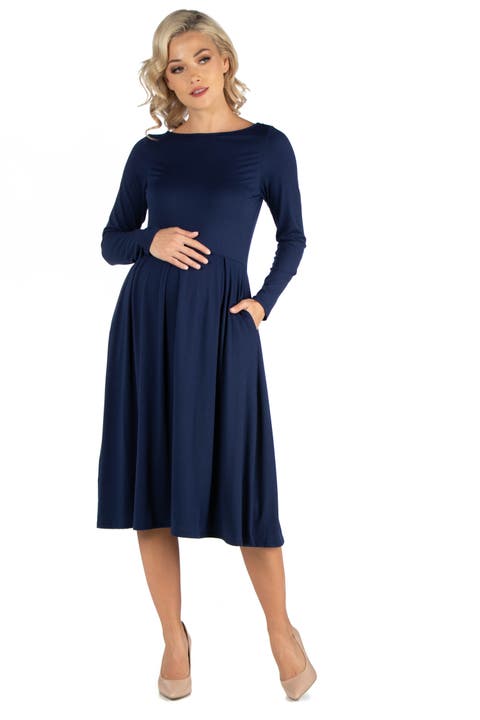 Maternity Midi Length Fit and Flare Pocket Dress