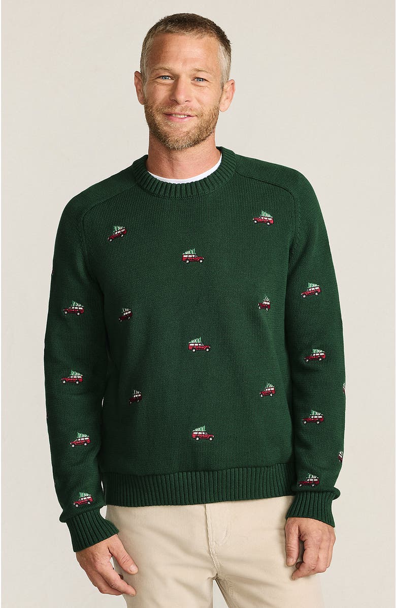 Lands' End Classic Cotton Drifter Signal Flags Crew Neck Sweater, Main, color, Christmas Cars/Pine Valley