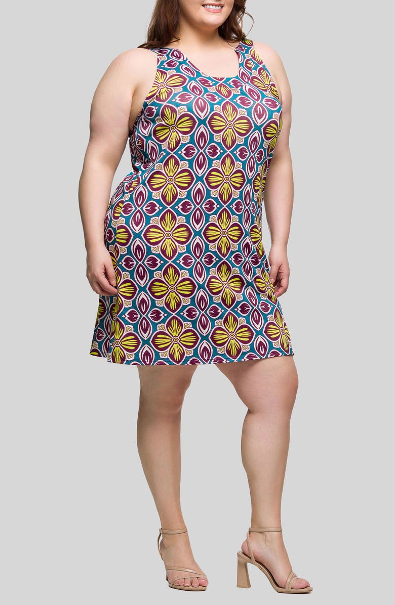 24seven Comfort Apparel Quatrefoil Floral Print U-Neck Sleeveless Dress, Alternate, color, Yellow Multi