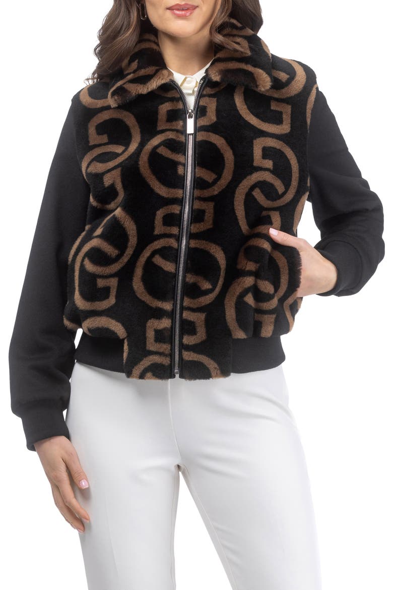 G Printed Merino Genuine Shearling Bomber Jacket Crafted with Loro Piana Wool Trim, Alternate, color, BLACK/CHESTNUT
