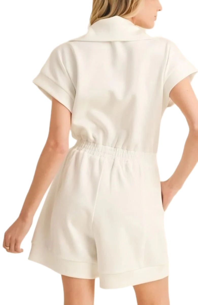 Knit and Lounge Short Sleeve Zip-Front Romper with Elastic Waist and Pockets, Alternate, color, Ivory