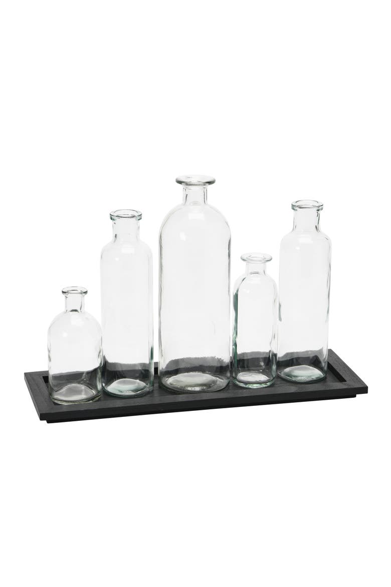 Black Wood Tray with Glass Bottle Vases, Set of 5, Main, color, Black