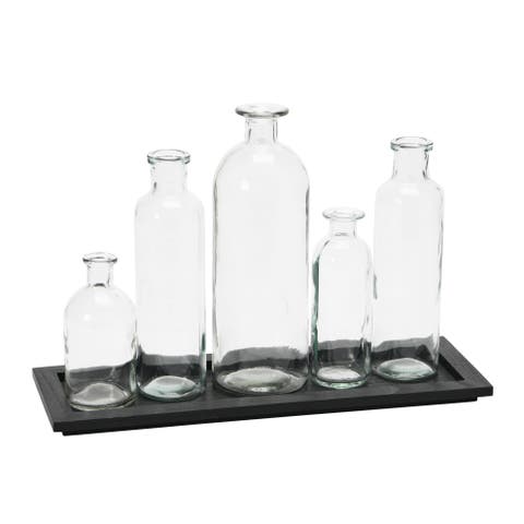 Black Wood Tray with Glass Bottle Vases, Set of 5