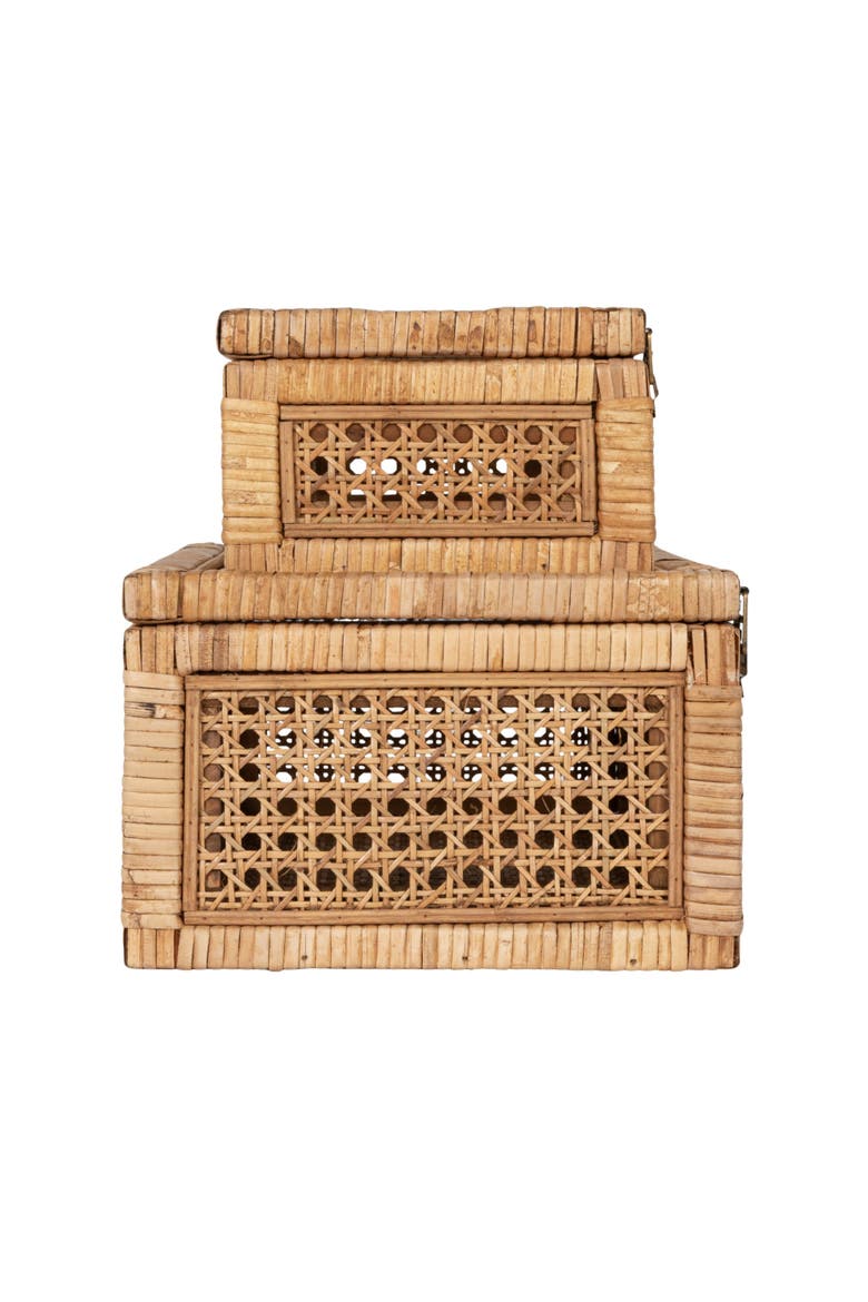 Woven Rattan and Wood Display Boxes with Glass Lids, Natural and Clear, Set of 2, Alternate, color, Natural