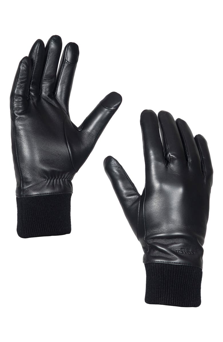 COACH Knit Cuff Leather Tech Gloves, Alternate, color, Black