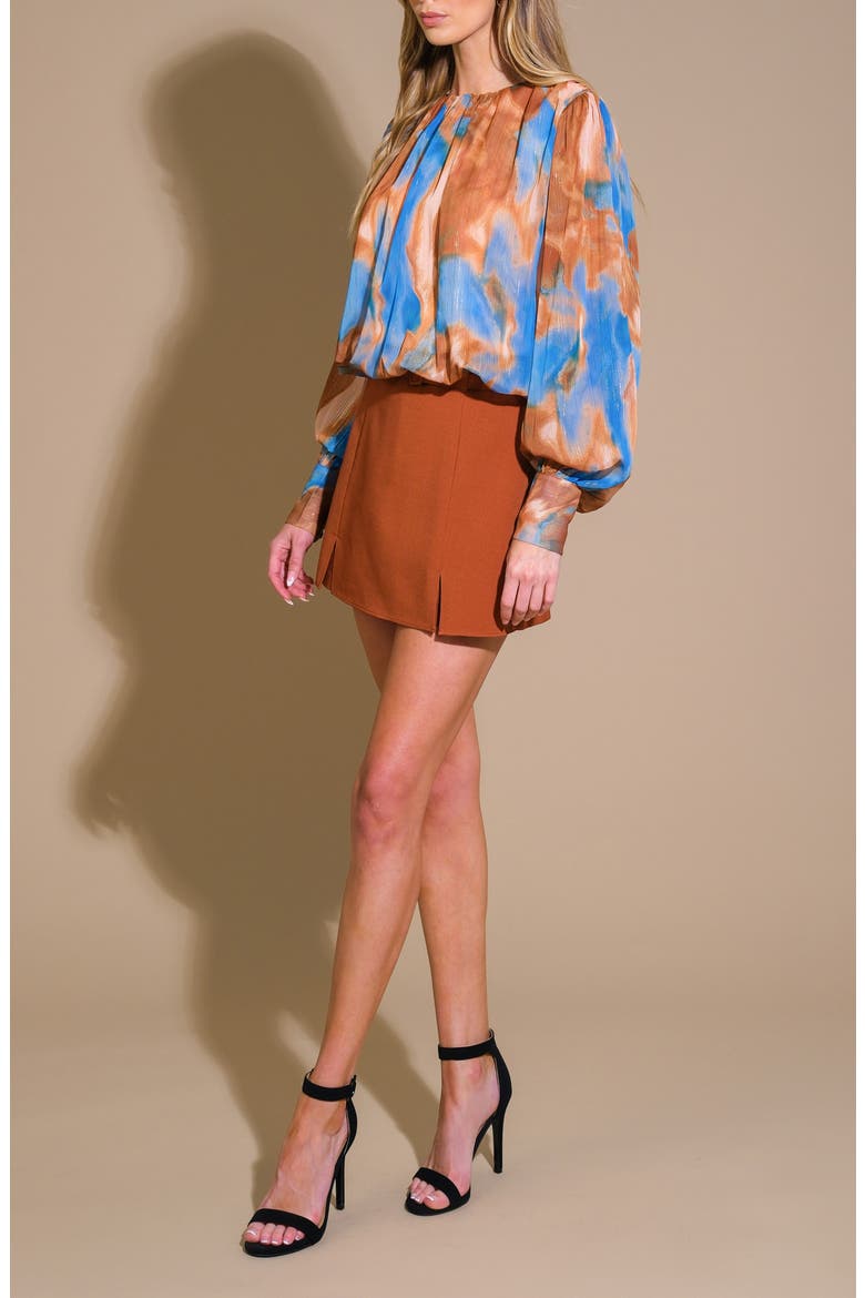 Print Lurex Bishop Sleeve Top, Alternate, color, BROWN BLUE