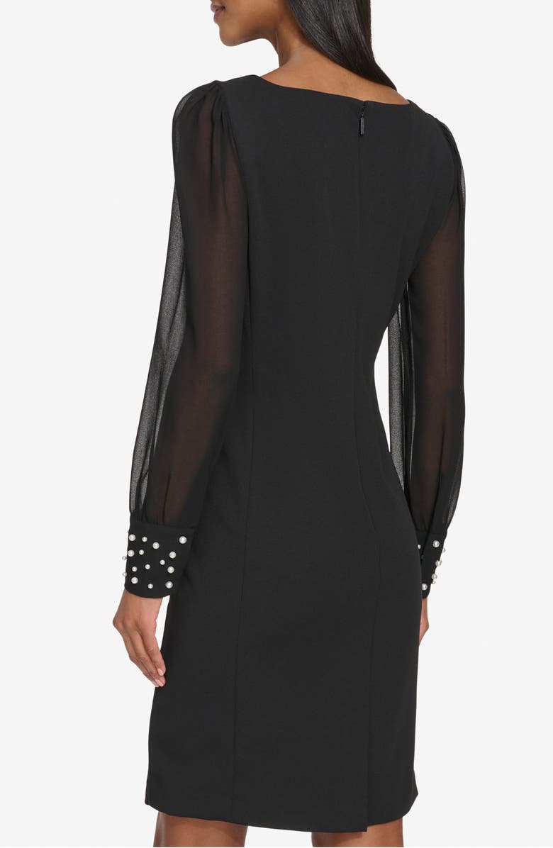 KARL LAGERFELD Faux Pearl Cuff Long Sleeve Scuba Crepe Sheath Dress, Alternate, color, Black