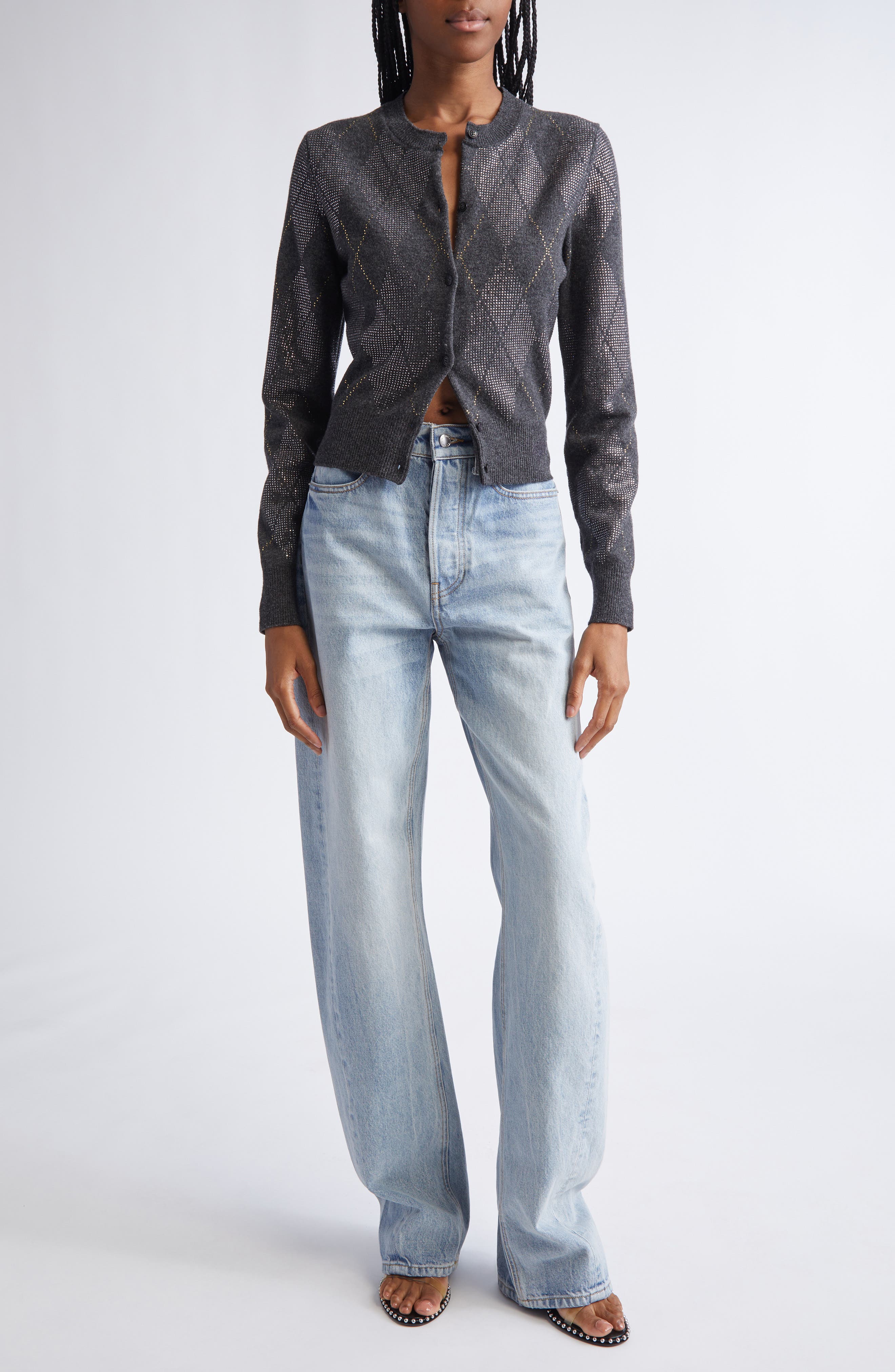 Hotfix Crystal Argyle Crop Wool Blend Cardigan - image 2