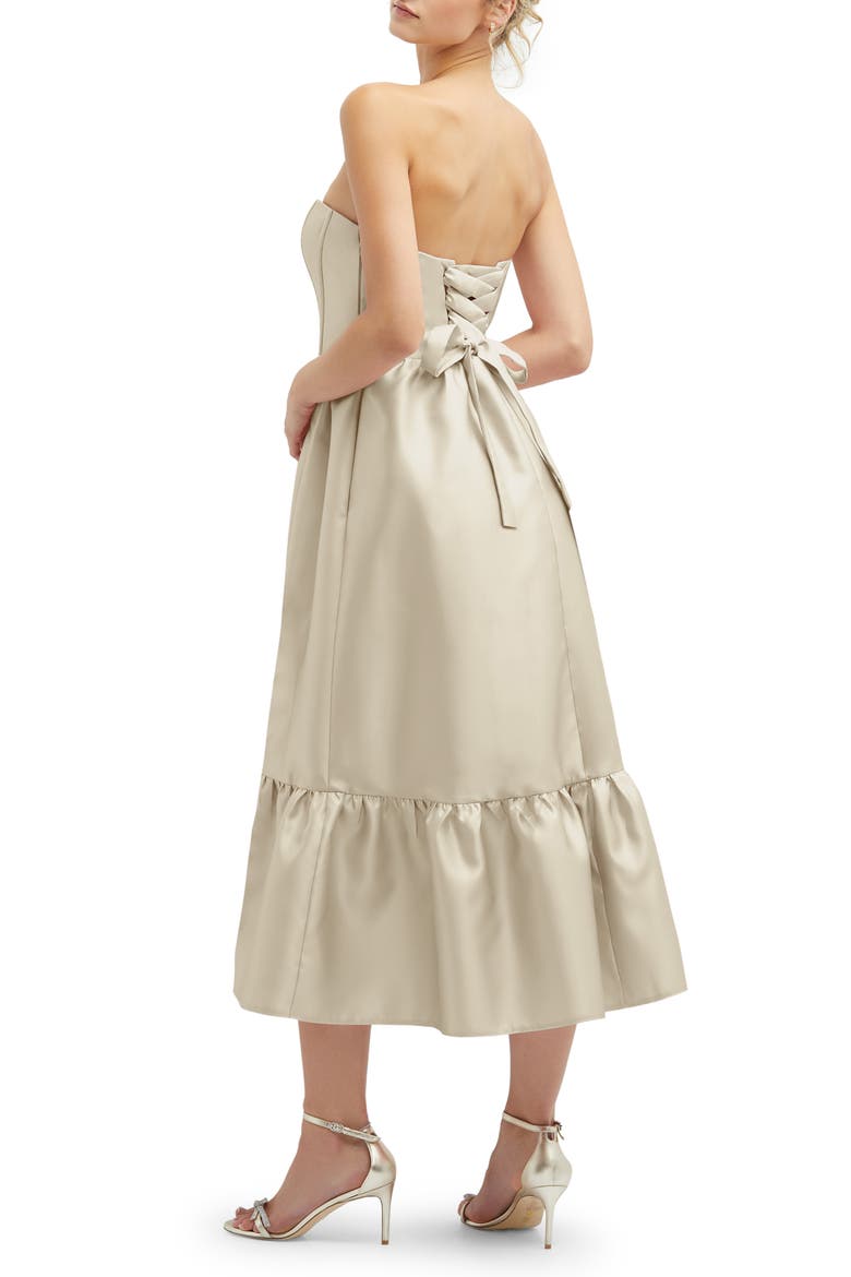 Corset Ruffle Hem Strapless Satin Midi Dress, Alternate, color, CHAMPAGNE