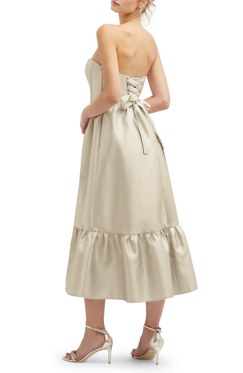Dessy Collection Corset Ruffle Hem Strapless Satin Midi Dress, Alternate, color, Champagne