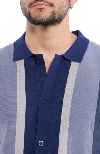 Spring + Mercer Stripe Short Sleeve Button-up Polo Sweater In Navy/navy