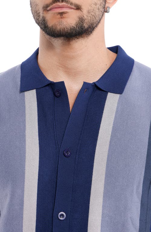 Spring + Mercer Stripe Short Sleeve Button-up Polo Sweater In Blue