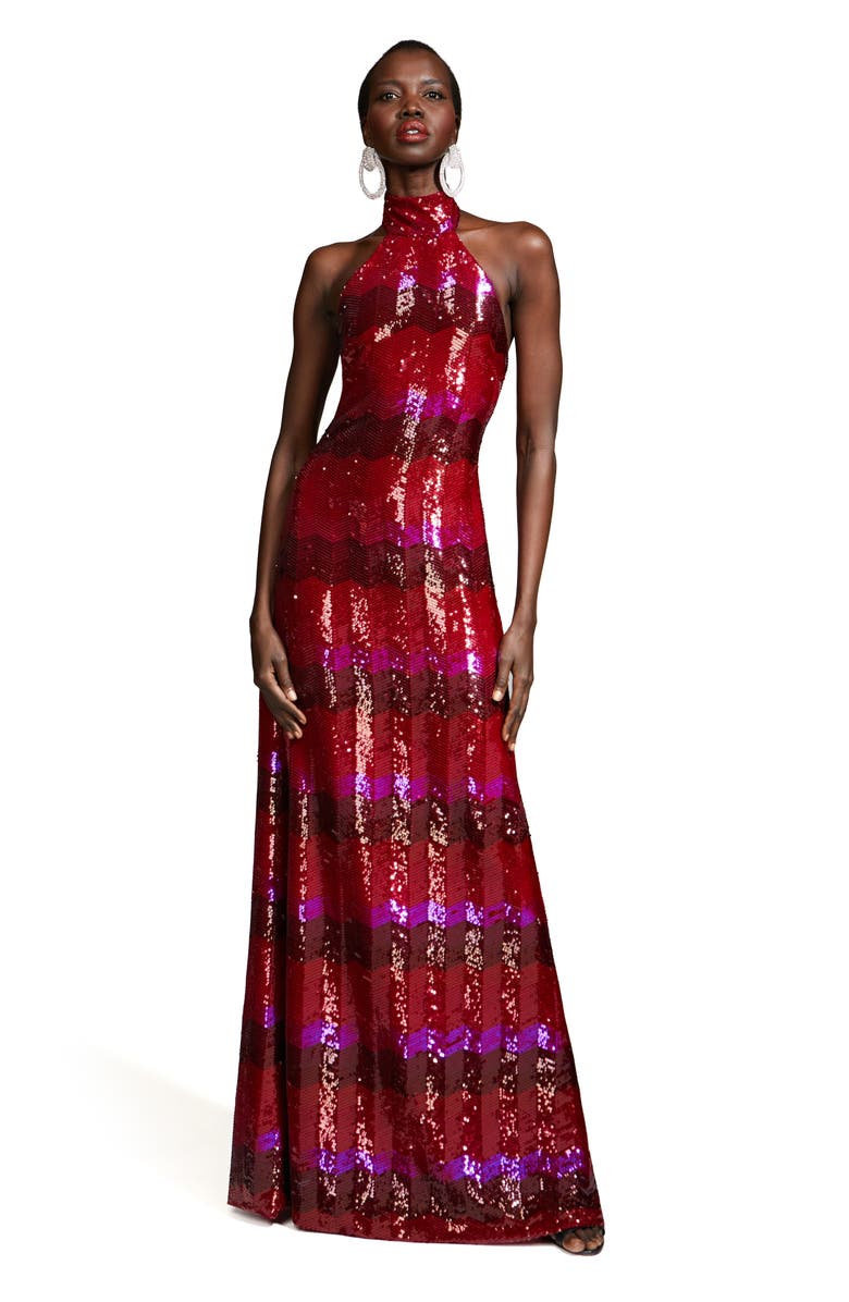 HALSTON Eira Sequin Chevron Halter Neck Gown, Alternate, color, 