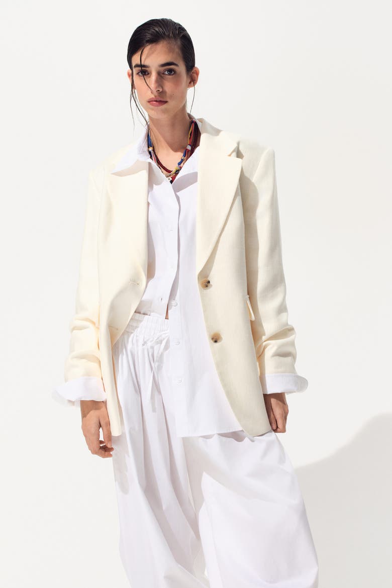 Single-breasted Linen-blend Blazer, Alternate, color, Cream