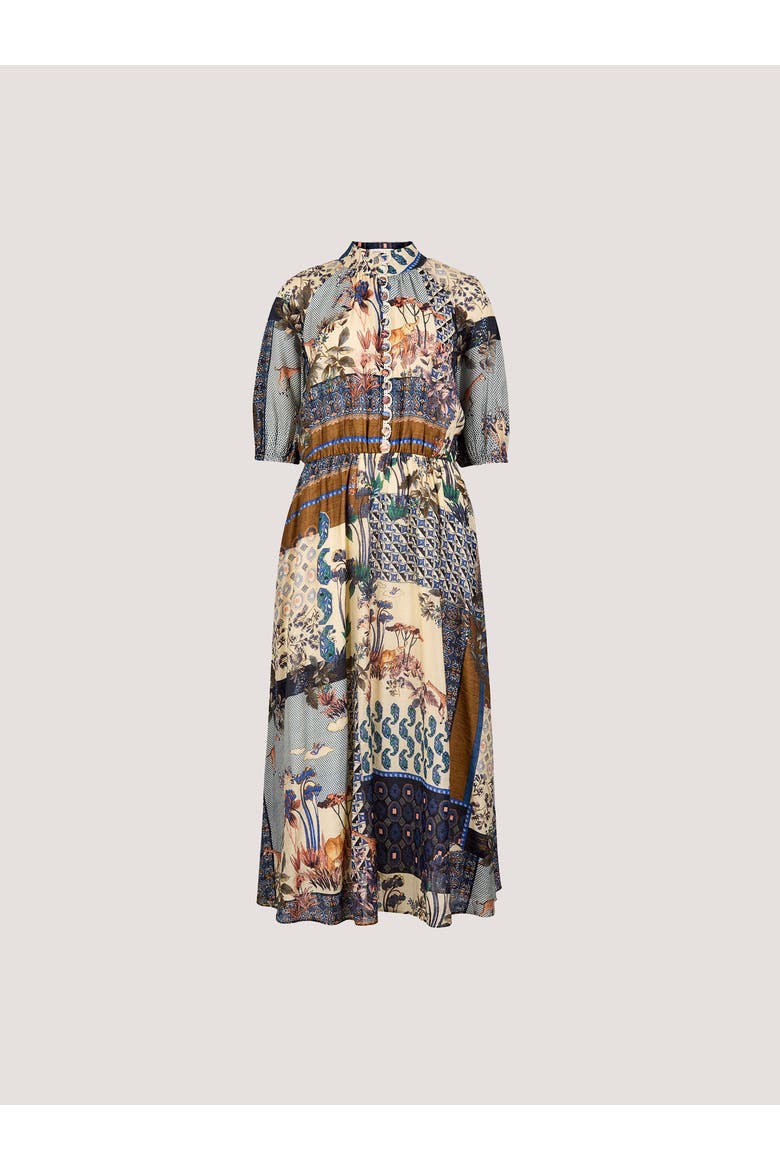 High Neck Patchwork Midi Shirt Dress, Alternate, color, Navy