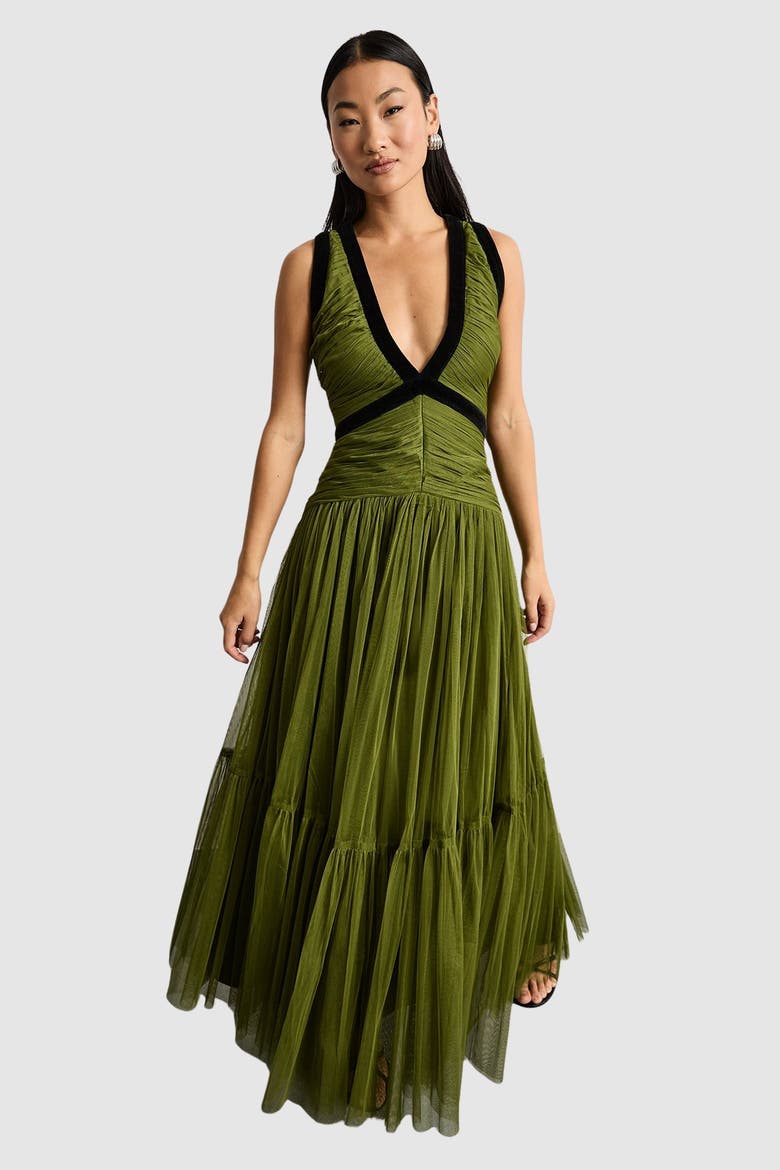 Petite Velvet Trim Tulle Maxi Dress, Main, color, Green
