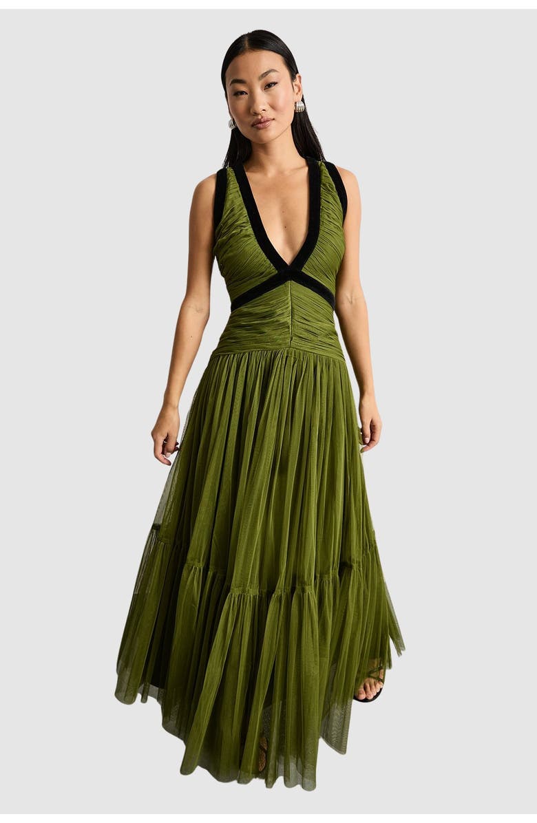 Warehouse Petite Velvet Trim Tulle Maxi Dress, Main, color, Green