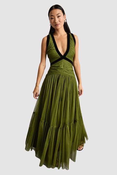 Petite Velvet Trim Tulle Maxi Dress