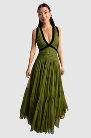 Warehouse Petite Velvet Trim Tulle Maxi Dress