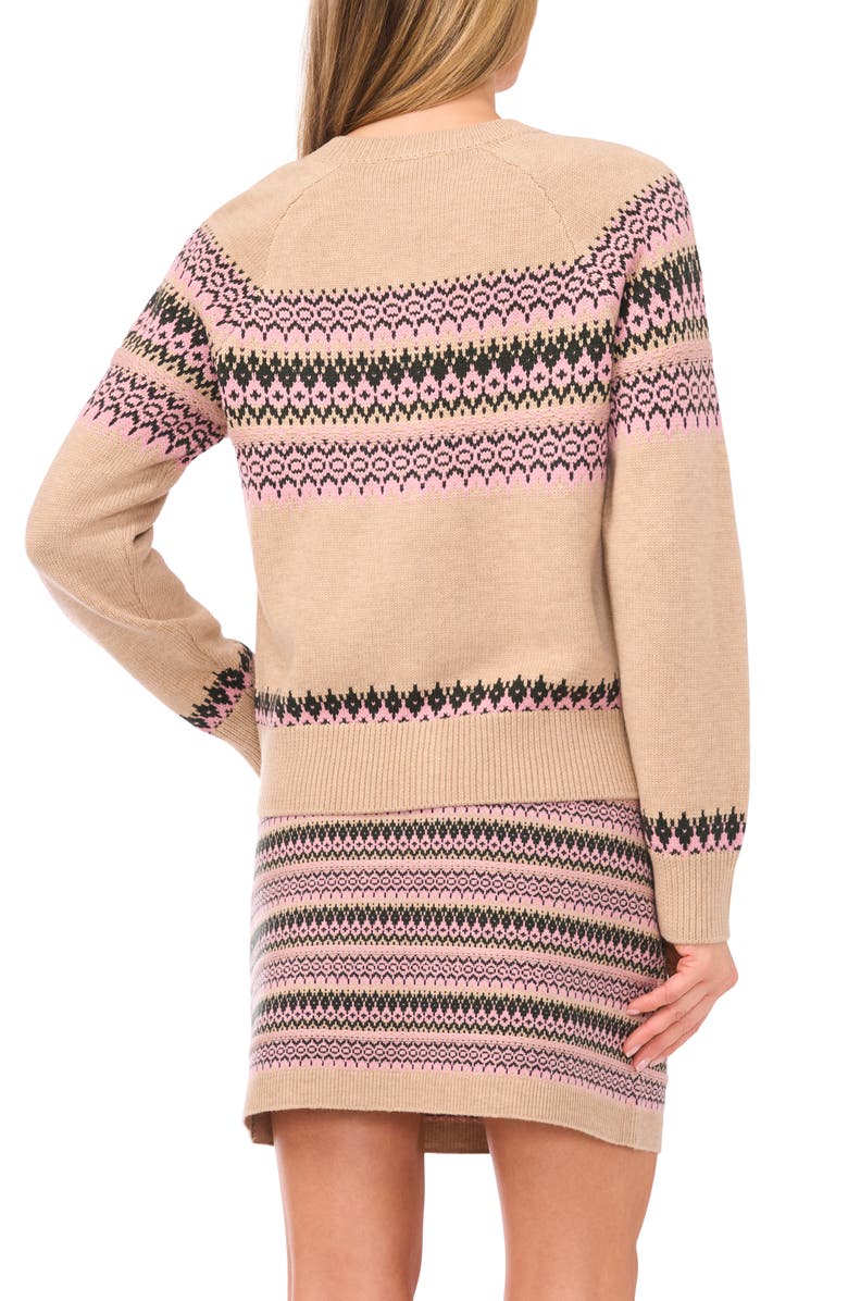 CeCe Fair Isle Stripe Cardigan, Alternate, color, Biscuit Heather