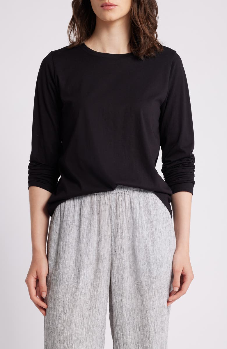 Eileen Fisher Long Sleeve Organic Cotton T-Shirt, Main, color, Black