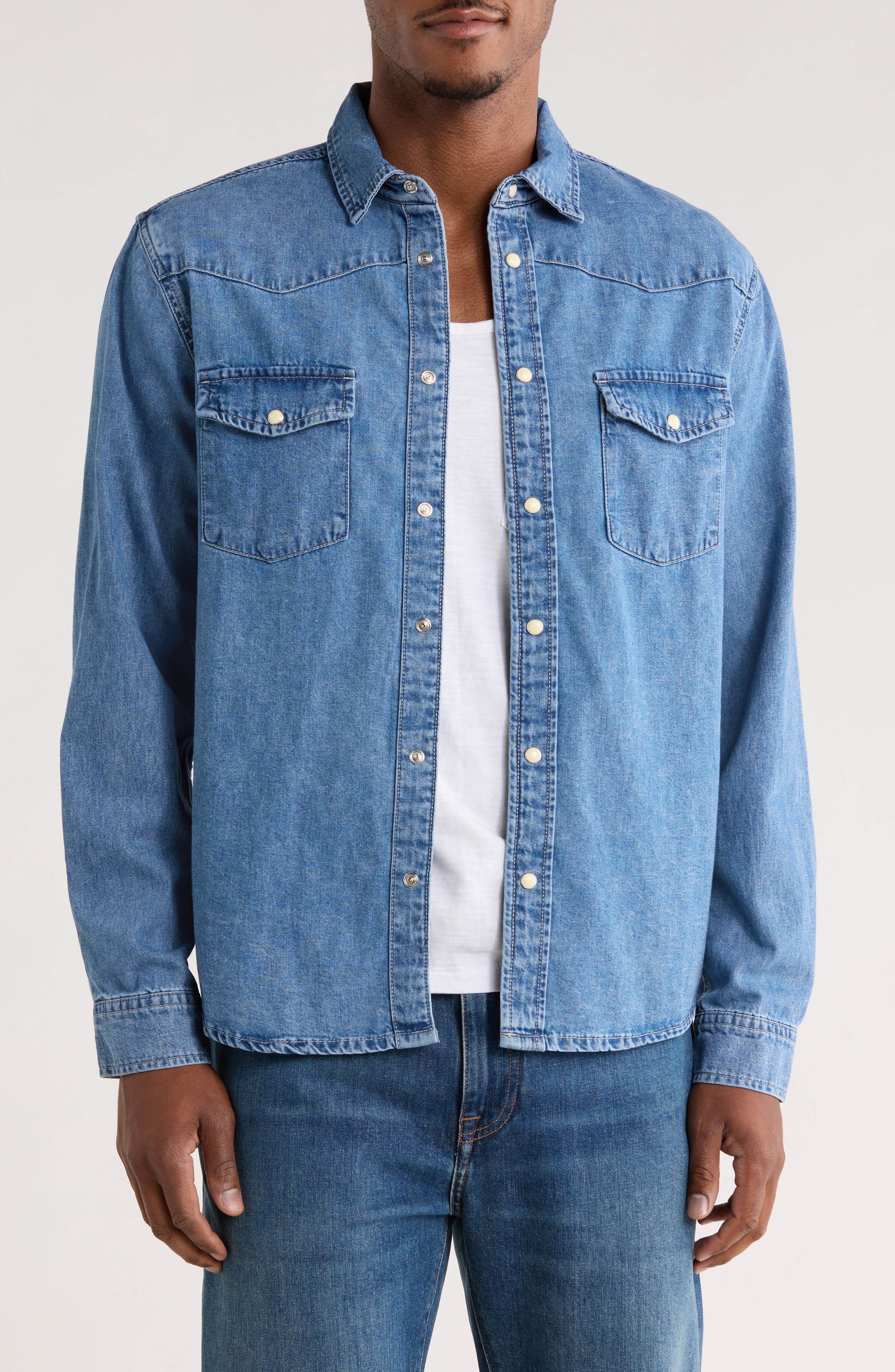 DENIM AND FLOWER Long Sleeve Snap Front Denim Shirt