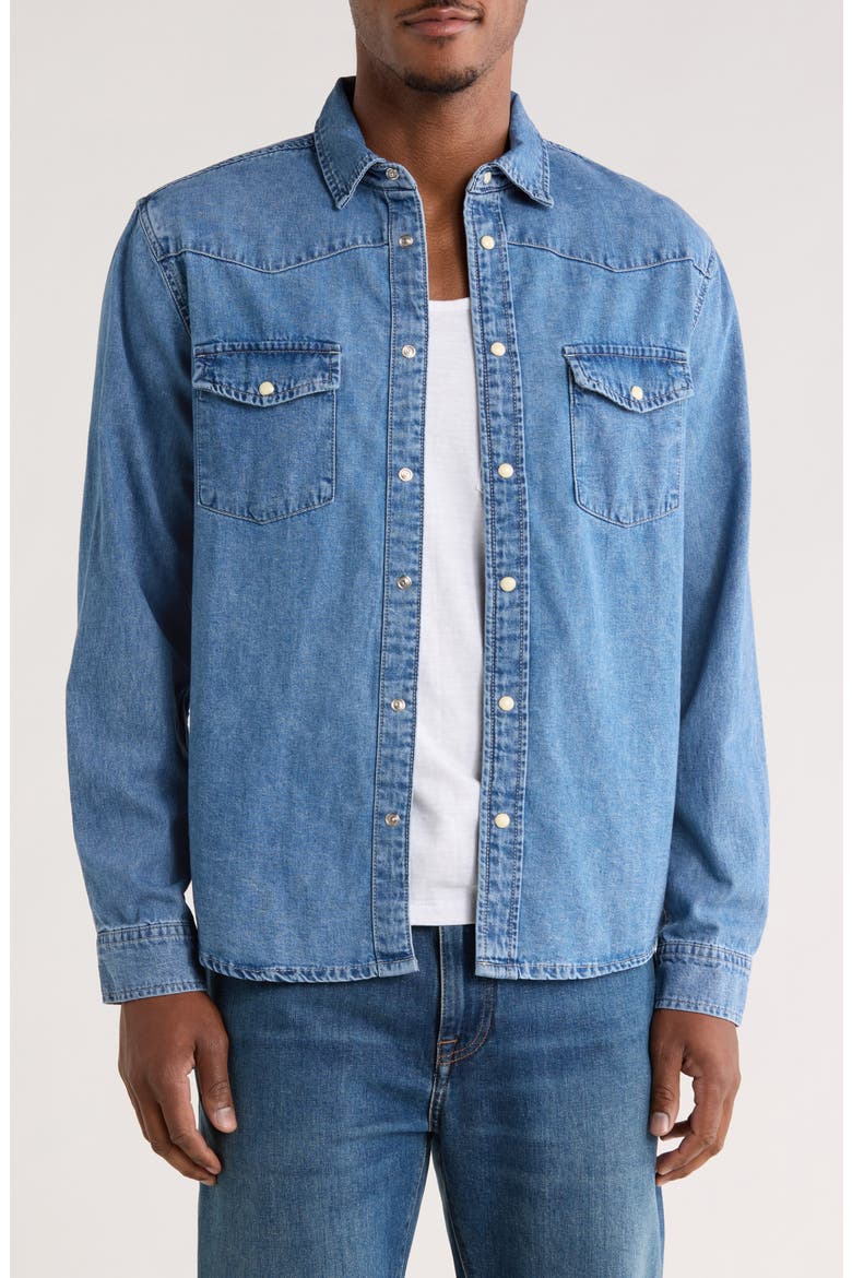 Long Sleeve Snap Front Denim Shirt, Main, color, BLUE