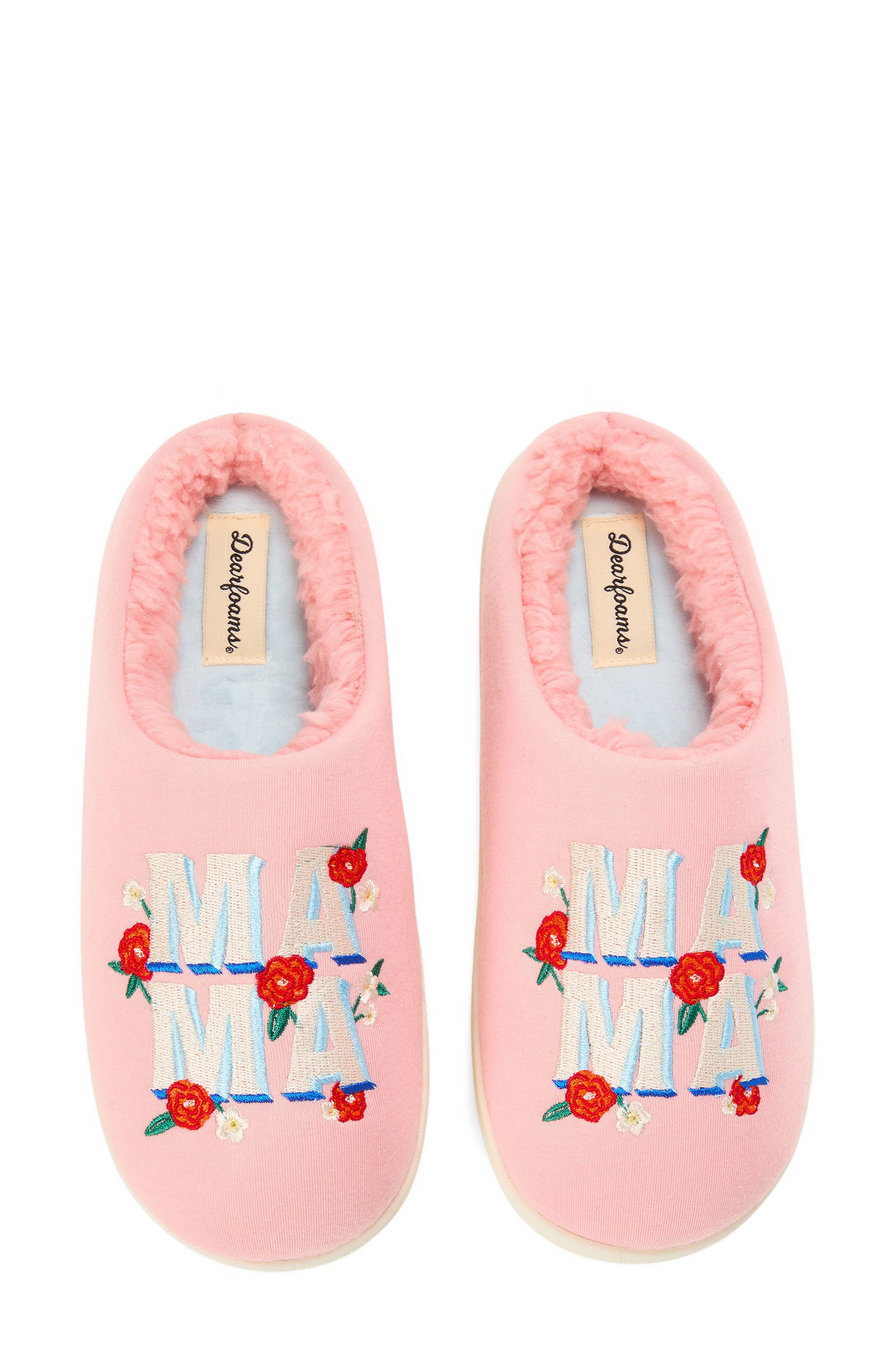 DEARFOAMS 'Mama' Embroidered Faux Fur Lined Slipper, Alternate, color, Coral Cream