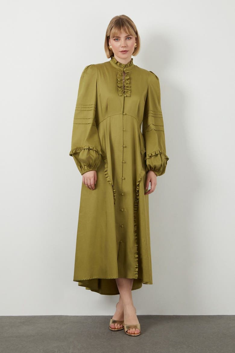 Ruffle Collar High-Low Hem Green Statement Dress, Main, color, Green