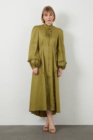 Gizia Ruffle Collar High-Low Hem Green Statement Dress