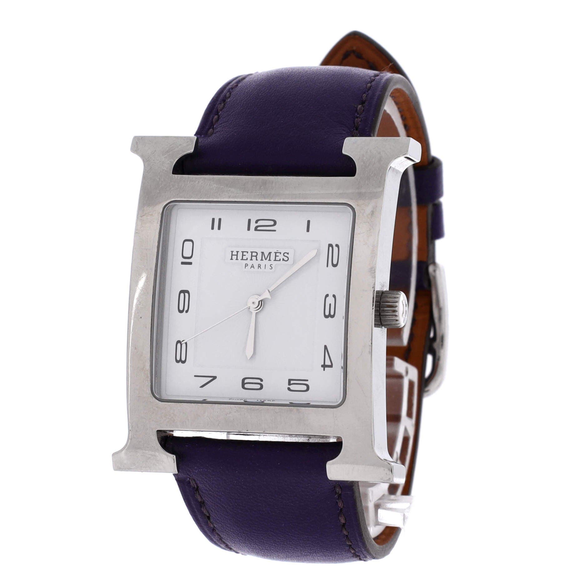 Pre-Owned Hermes Heure H Quartz Watch Stainless Steel and Leather 30, Alternate, color, Purple