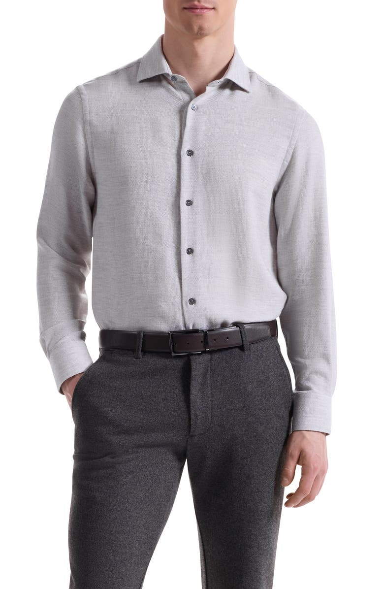 Bugatchi Axel Shaped Fit Micro Herringbone Cotton & Wool Button-Up Shirt, Main, color, Platinum