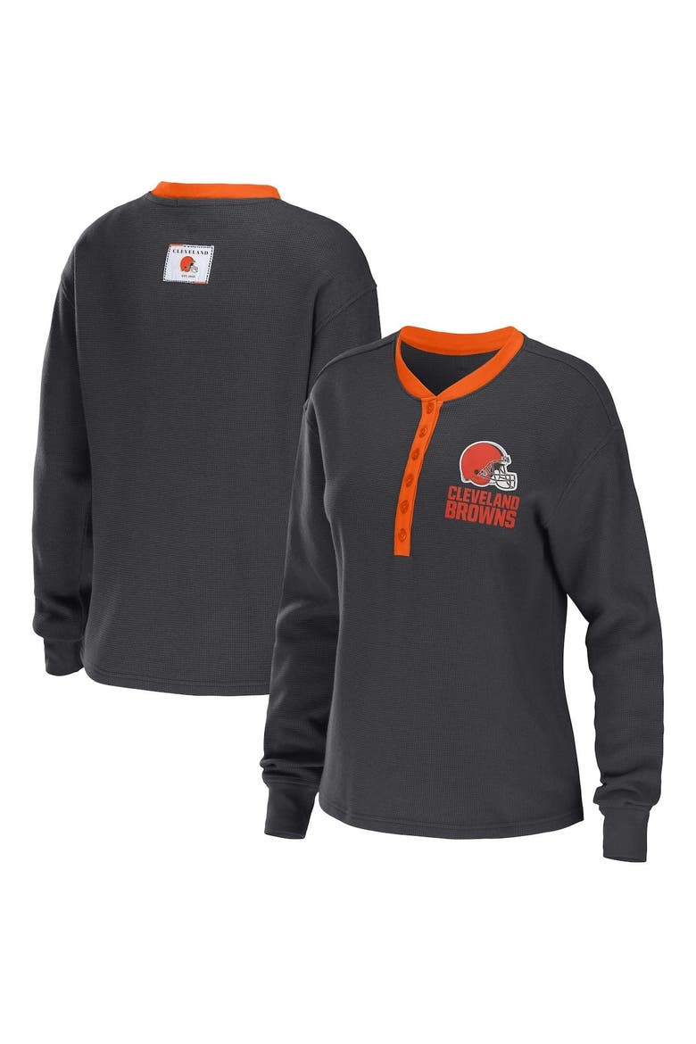 Women's WEAR by Erin Andrews Charcoal Cleveland Browns Waffle Henley Long Sleeve T-Shirt, Main, color, Charcoal