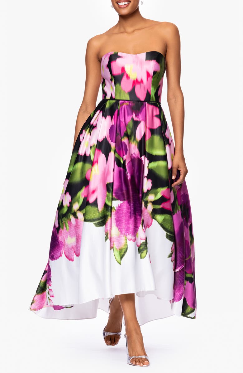 Betsy & Adam Strapless High-Low Gown, Main, color, White/ Multi