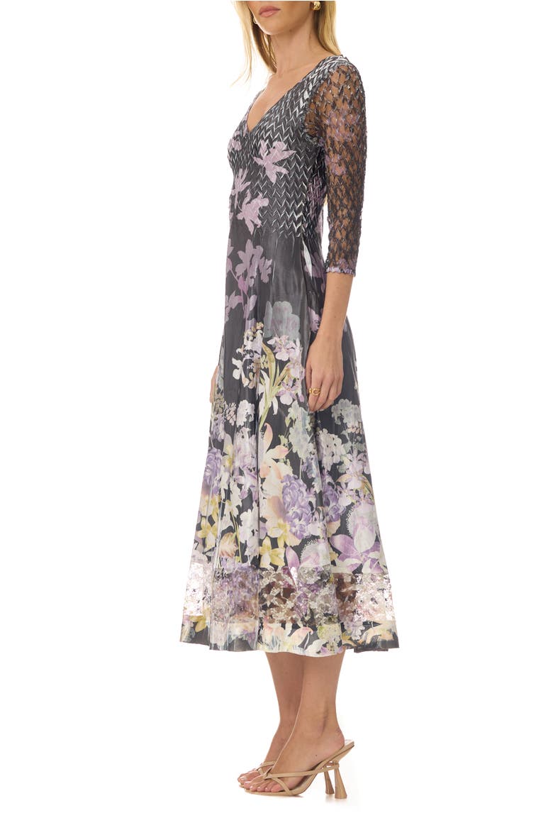 Floral Border Charmuese Dress with Lace Sleeves, Alternate, color, Orchid Border