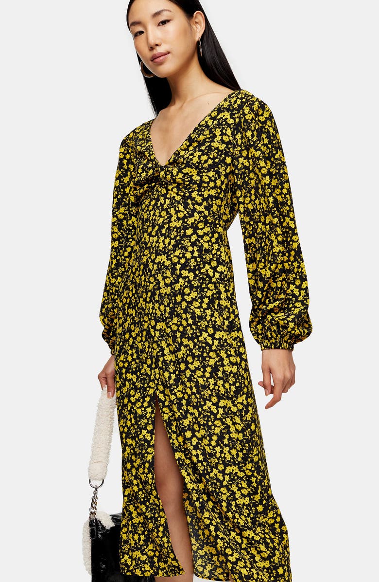 Topshop Floral Godet Twist Front Long Sleeve Midi Dress, Alternate, color, 