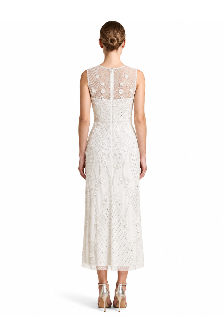 Lara Beaded A-Line Midi Dress with Illusion Neckline, Alternate, color, Ivory