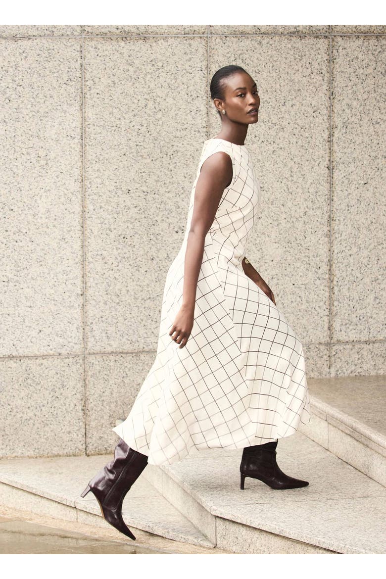 Satin Checked Midi Dress, Alternate, color, Cream