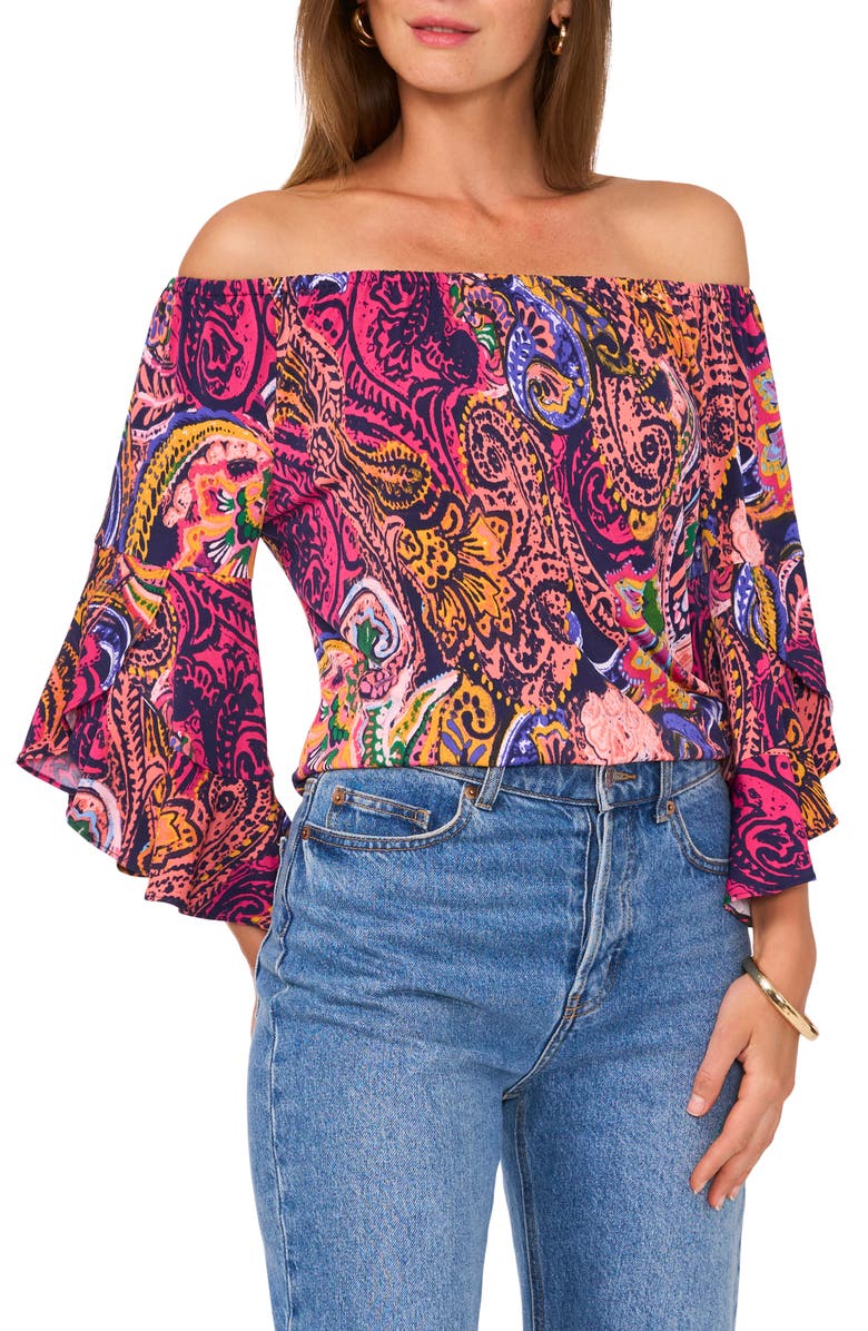 Vince Camuto Paisley Flutter Sleeve Off the Shoulder Top, Main, color, 