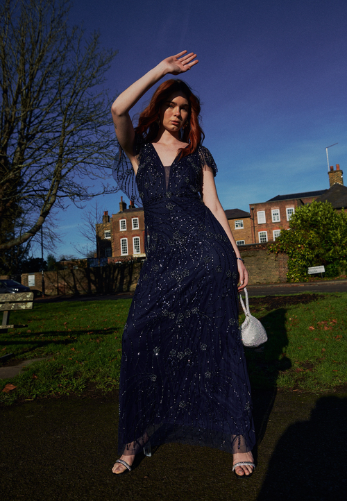 Beauut Embellished Sequin Beaded Deep V Neck Maxi Dress In Mid Night Blue