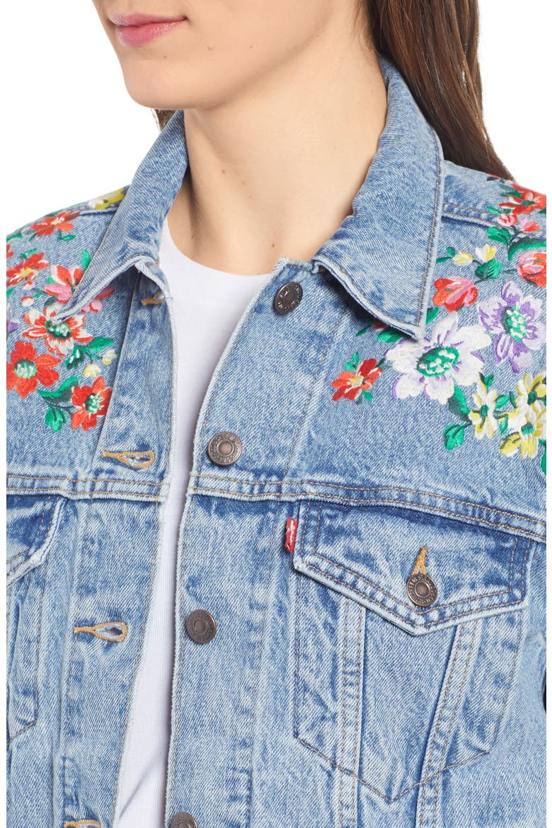 Levi's® Ex-Boyfriend Embroidered Denim Trucker Jacket, Alternate, color, HEARTS OF FLOWERS