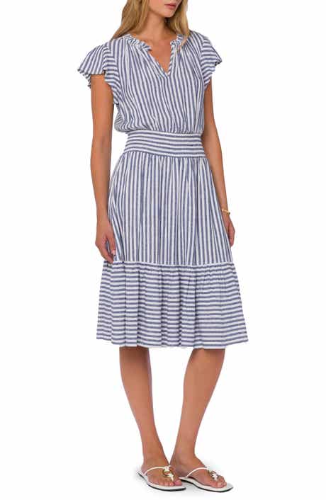 VELVET HEART Stripe V-Neck Ruffle Hem Midi Dress