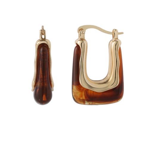 Square Hoop Earrings for Women, Amber Brown and Gold-Tone Thick Earrings Drop