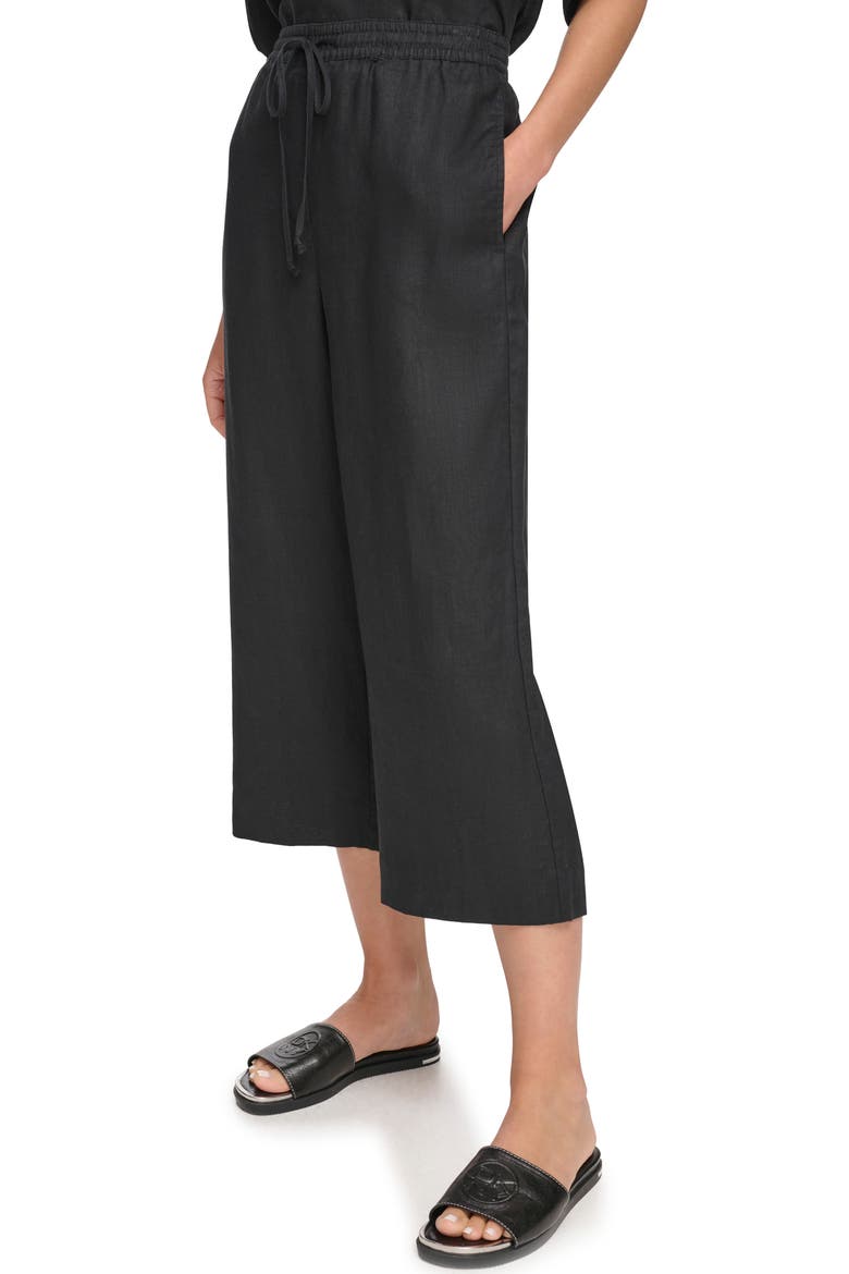 Drawstring Crop Linen Pants, Alternate, color, BLACK