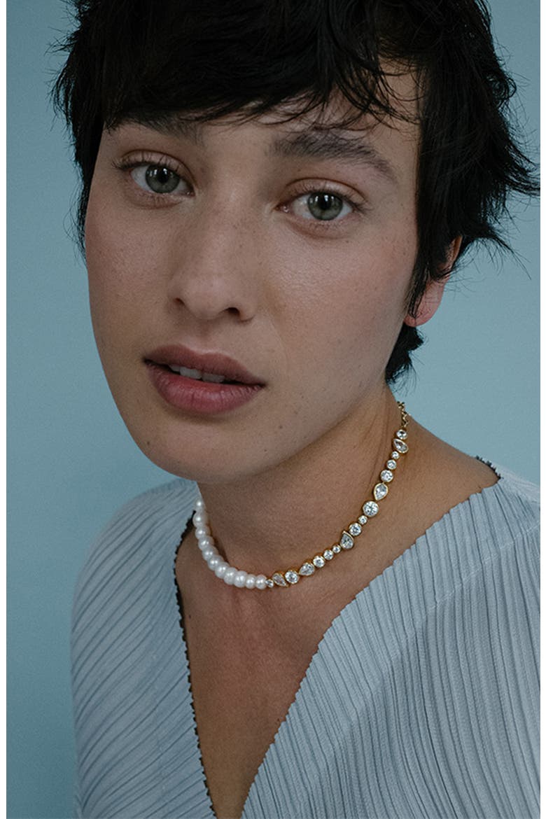 Freshwater Pearl & Cubic Zirconia Necklace, Alternate, color, 18CT GOLD PLATED
