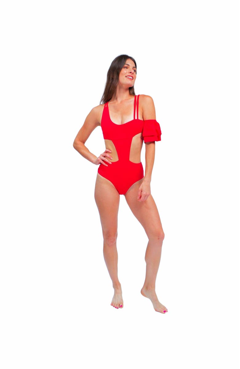 Mary Mercedes Rafa One Piece Swimsuit With Ruffle Sleeve, Alternate, color, Red
