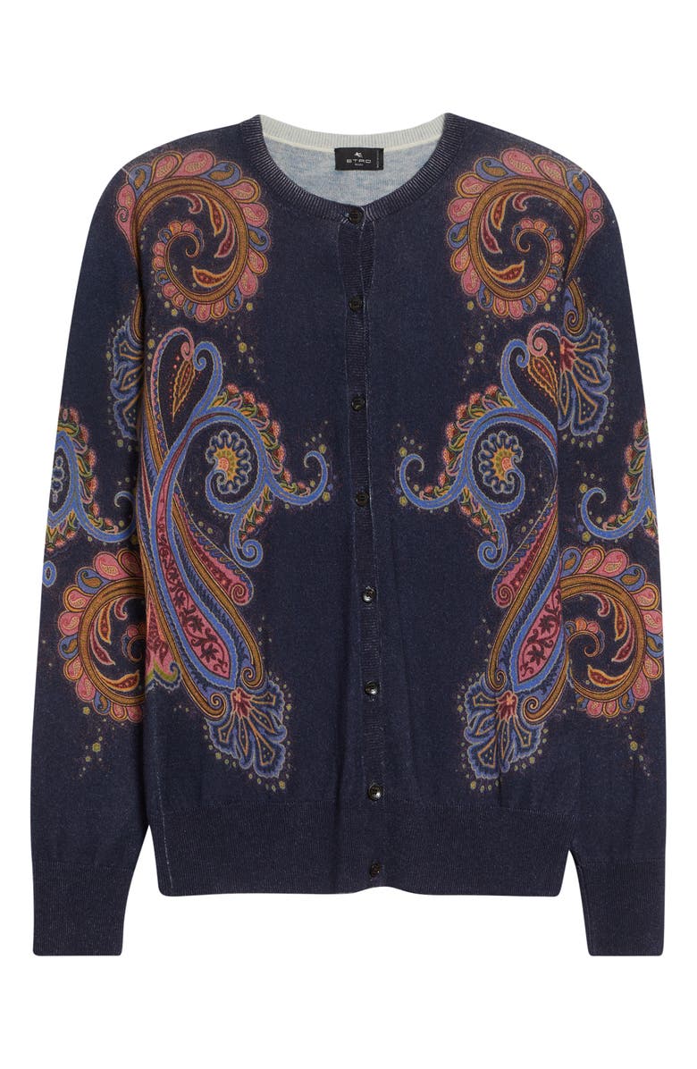 Etro Floral Paisley Silk & Cashmere Cardigan, Alternate, color, Print On Blue Base