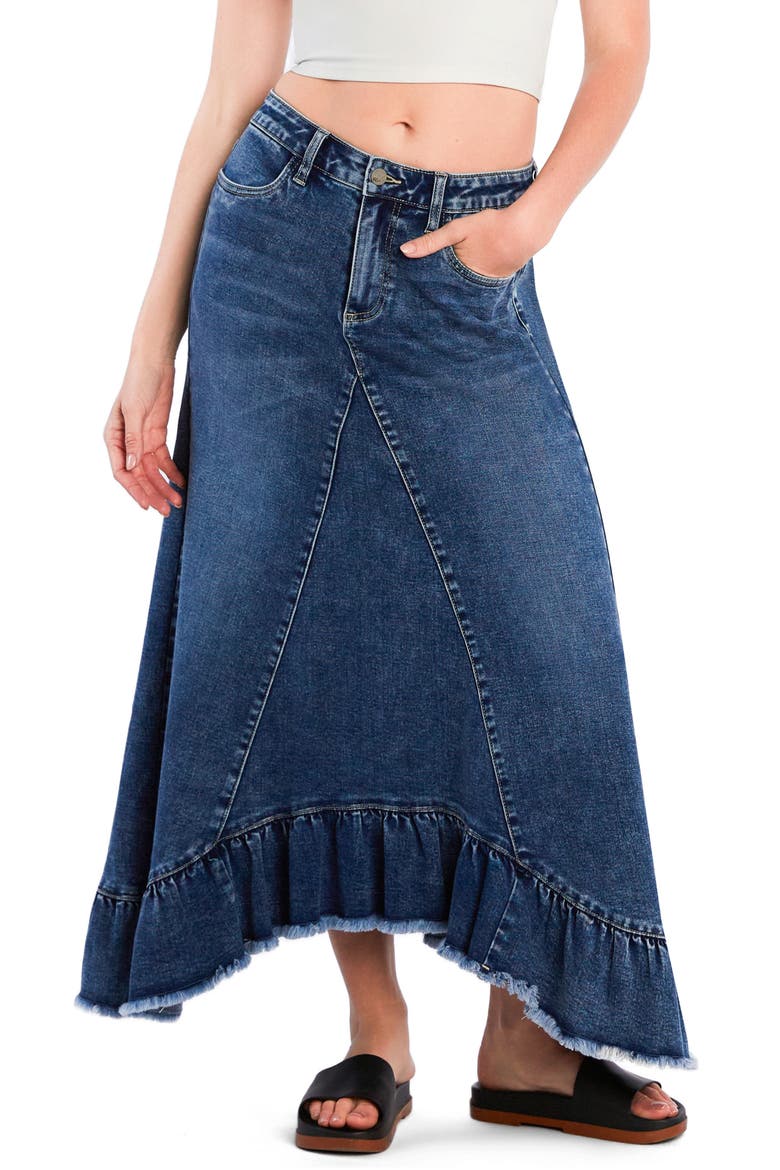 Pieced Ruffle Denim Maxi Skirt, Main, color, SHARK BLUE