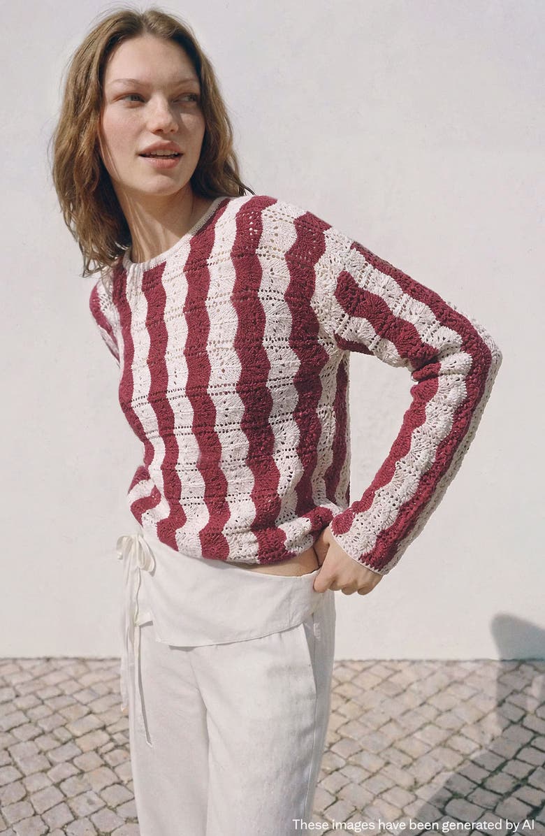 MANGO TEEN <p>Kids' Openwork Knit Striped Sweater</p>, Alternate, color, Maroon